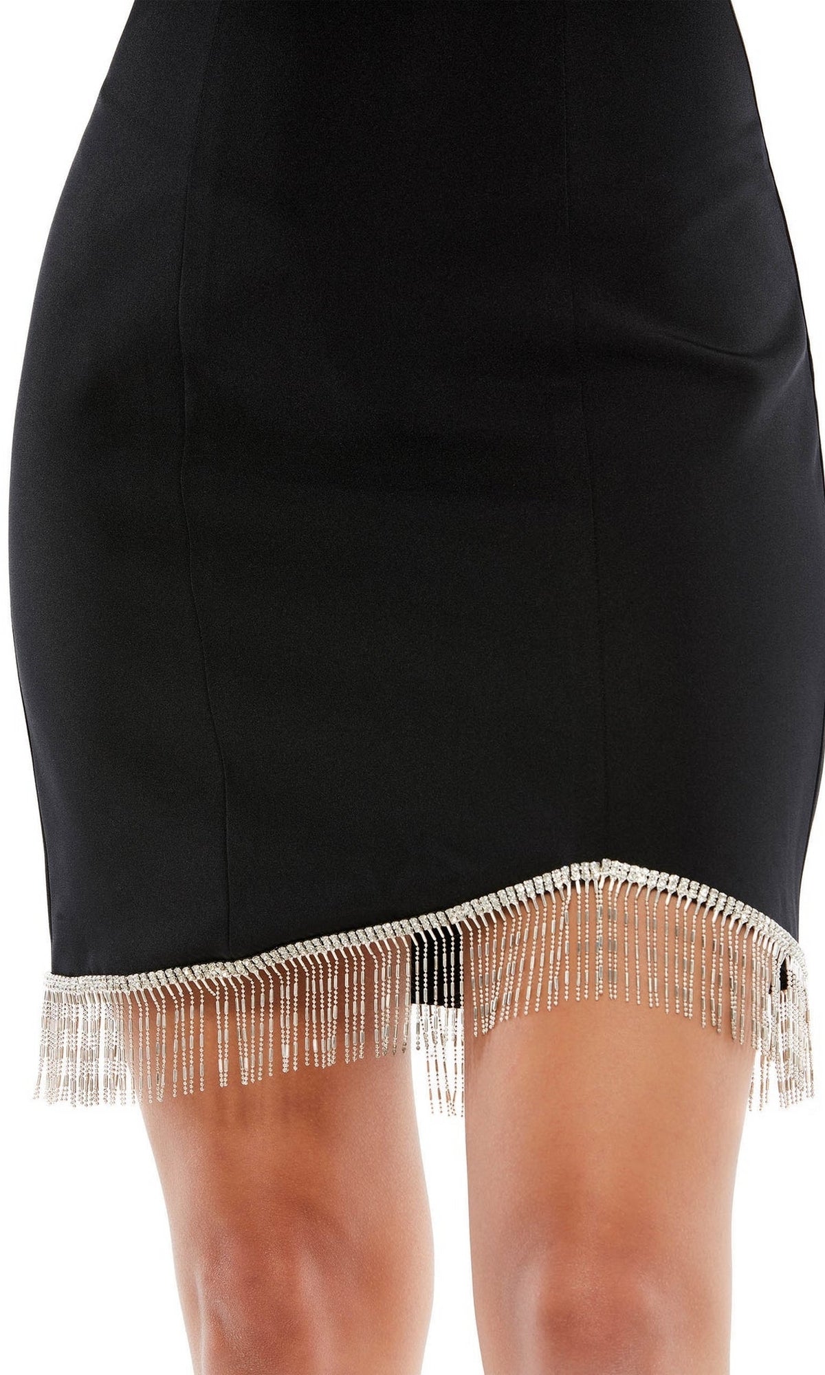 A person wearing the Short Homecoming Dress 26679 by Mac Duggal, a black skirt featuring a silver beaded fringe hem along the bottom edge.